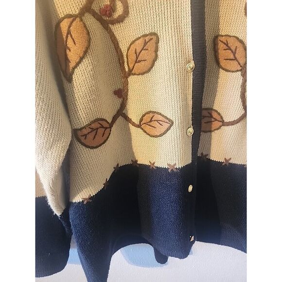 Crystal Kobe Fall Autumn Brown Sweater Cardigan Large Embroidered Leafs Floral - Picture 4 of 7